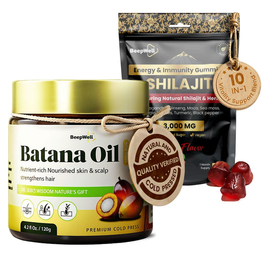 BeepWell Shilajit Gummies + Batana Oil Bundle – Resin-Based Gummies with Herbal Blend (60 ct) & Unrefined Hair Oil from Honduras (4.2 fl oz)